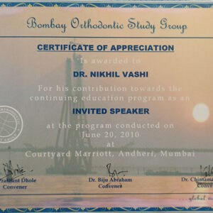 Bombay Orthodontic Study Group Certificate Of Appreciation Is Awarded To Dr Nikhil Vashi