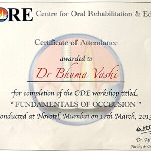 Centre For Oral Rehabilitation And Education Certificate Of Attendance Awarded To Dr Bhuma Vashi