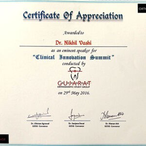 Certificate Of Appreciation Awarded To Dr Nikhil Vashi As An Eminent Speaker For Clinical Innovation Summit