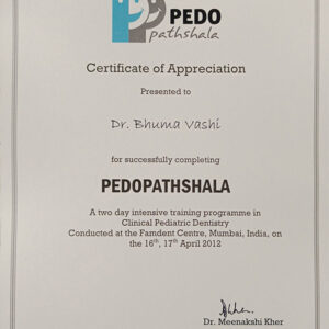 Certificate Of Appreciation Presented To Dr Bhuma Vashi For Successfully Completing Pedopathshala