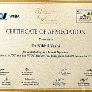 Certificate Of Appreciation Presented To Dr Nikhil Vashi For Contributing As A Guest Speaker At The 51st Ioc And 8th Wioc Held At Goa India