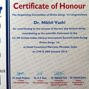Certificate Of Honour The Organizing Committee Of Ortho Surge Congratulates Dr Nikhil Vashi
