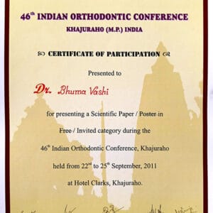 Certificate Of Participation Of Indian Orthodontic Conference Khajuraho India Presented To Dr Bhuma Vashi