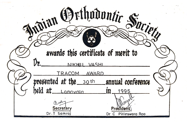 Dr Nikhil Vashi Tracom Award Certificate