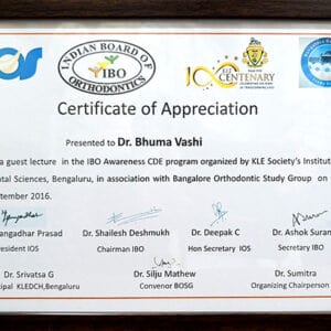 Indian Board Of Orthodontics Certificate Of Appreciation Presented To Dr Bhuma Vashi