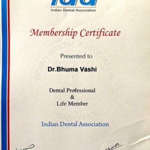 Indian Dental Association Membership Certificate Presented To Dr Bhuma Vashi