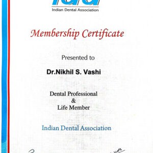 Indian Dental Association Membership Certificate Presented To Dr Nikhil Vashi