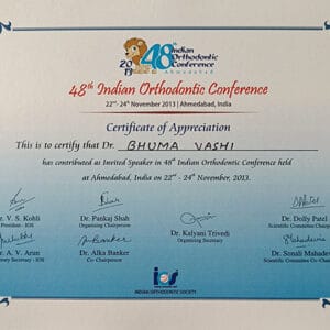 Indian Orthodontic Conference Certificate Of Appreciation Dr Bhuma Vashi