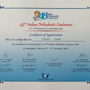 Indian Orthodontic Conference Certificate Of Appreciation Dr Nikhil Vashi