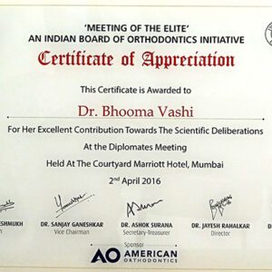 Meeting Of The Elite An Indian Board Of Orthodontics Initiative Certificate Of Appreciation Dr Bhooma Vashi For Her Excellent Contribution Towards The Scientific Deliberations At The Dipl