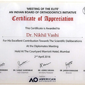 Meeting Of The Elite An Indian Board Of Orthodontics Initiative Certificate Of Appreciation Dr Nikhil Vashi For Her Excellent Contribution Towards The Scientific Deliberations At The Dipl