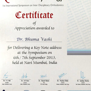 Ortho Synergy Certificate Of Appreciation Awarded To Dr Bhuma Vashi